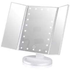 Oglindă cosmetică triplă cu LED și mărire 2X 3X 10X, ecran tactil, alimentare USB și baterii, rotație 180°