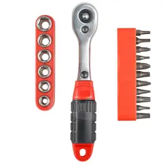 Set mini chei tubulare și capete șurubelniță cu clichet 17 piese, oțel carbon, compact