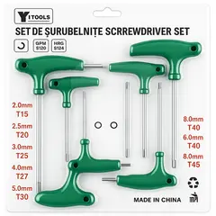 Set de șurubelnițe Torx cu mâner în T, 7 piese, din oțel crom-vanadiu