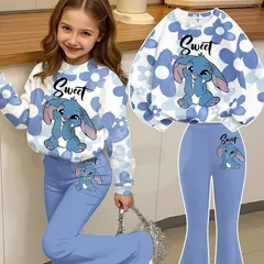 Set haine fete 2 piese bluză și pantaloni evazați albastru cu imprimeu personaj, set 6 bucăți, 4–14 ani