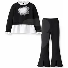Compleu fete elegant negru cu bluză și pantaloni evazați, set en-gros 6 bucăți, mărimi 4–14 ani