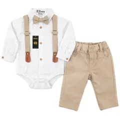 Costum bebeluși băiat maro 3 piese pantaloni body și bretele