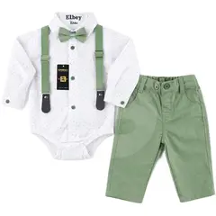 Costum bebeluși băiat verde 3 piese pantaloni body și bretele