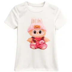 Tricou fete alb cu imprimeu Labubu roz, bumbac cu licra, Italia, mărimi 4–14 ani