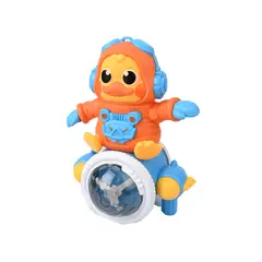 Rață Spațială Interactivă cu Cască de Astronaut, Mașinuță Electrică Rotativă la 360°, Efecte de Lumini LED și Melodii Vesele, Înălțime 18 cm