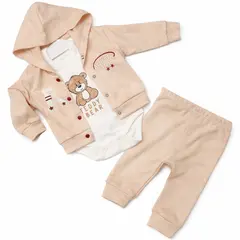 Compleu băieți din bumbac subțire Teddy Bear bej deschis body hanorac pantaloni