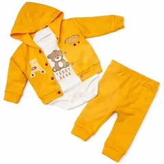 Compleu băieți din bumbac subțire Teddy Bear galben muștar body hanorac pantaloni