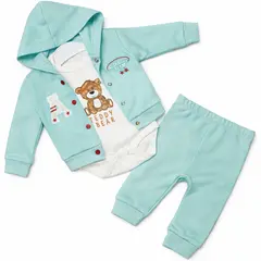 Compleu băieți din bumbac subțire Teddy Bear turcoaz deschis body hanorac pantaloni