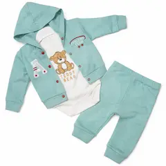 Compleu băieți din bumbac subțire Teddy Bear verde mentă body hanorac pantaloni