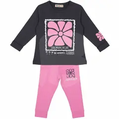 Compleu fete subțire 2 piese gri antracit cu roz, bluză cu mânecă lungă și pantaloni, set 6 bucăți, 3–10 ani