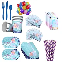 Set Complet pentru Petrecere Aniversară Model „Mica Sirenă”, 122 Piese, Include Veselă de Unică Folosință și Decorațiuni