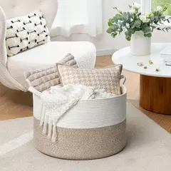 Coș pentru Depozitare Textil, Amestec Bumbac și Iută Naturală, Dimensiuni 56 x 35.5 cm