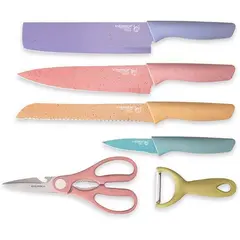 Set bucătărie 6 piese cu cuțite, satâr, foarfecă și curățător ceramic