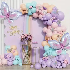 Set arcadă baloane aniversare pastel cu fluturași decorativi