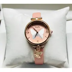 Ceas damă cu curea din piele roz și fluture decorativ