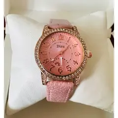 Ceas damă cu curea din piele roz și cristale decorative