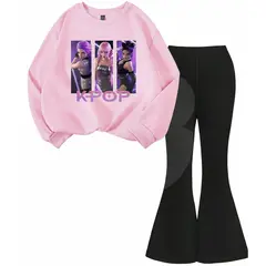 Compleu fete roz cu imprimeu KPOP și pantaloni evazați negri, set en-gros 4–14 ani
