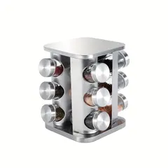 Set 12 recipiente pentru condimente cu suport rotativ din inox și sticlă