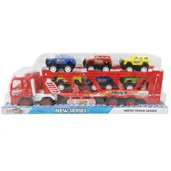 Set Transportor Auto „Mega Hauler” – Tir Platformă cu etaj și 6 mașinuțe de cursă incluse