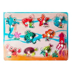 Puzzle din Lemn Încastru cu Pioneze, Model Sea Creatures și Creaturi Marine, Joc Educativ pentru Copii