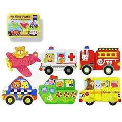 Set 6 Puzzle-uri din Lemn pentru Bebeluși, Modele Vehicule și Transport în Cutie Metalică