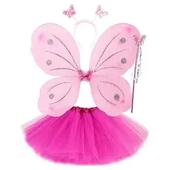 Costum Zână Fluturaș Roz pentru Fetițe, Set Complet cu Aripi, Fustiță, Baghetă și Coroniță