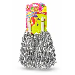 Pompone Majorete „Cheering Squad”, Set de 2 Bucăți, Accesorii Petrecere, Argintiu Metalizat