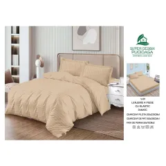 Lenjerie de Pat Dublu din Damasc Premium Super Design Pucioasa, 4 Piese, Cearceaf de Pat cu Elastic 180 x 200 cm, Dungi Hoteliere, Bej Crem, Model V-09
