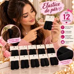 Elastice de Păr Negre Late din Material Textil Reiat – Set 12 Cartonașe (24 Bucăți)