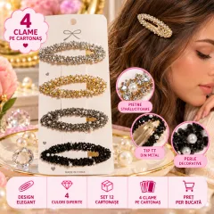 Clame de Păr Tip TT din Metal cu Pietre Strălucitoare și Perle - Set 12 Cartonașe (48 Bucăți)