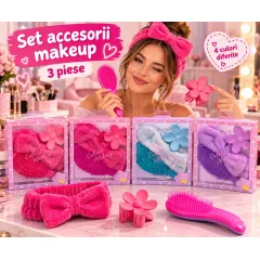 Set Accesorii Makeup cu Bentiță Pufoasă, Perie și Clește Floare - 3 Piese (Set 6 Cutii)