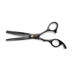 Foarfecă de filat neagră din inox, cu dinți uniformi pentru texturare și maner ergonomic pentru control fluid