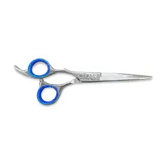 Foarfecă de tuns argintie cu inserții albastre și lame ultra-ascuțite, design ergonomic profesional