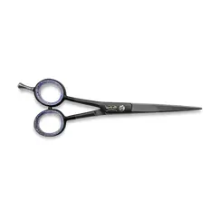 Foarfecă de tuns neagră cu codiță, lame ultra-ascuțite și design ergonomic pentru contururi profesionale