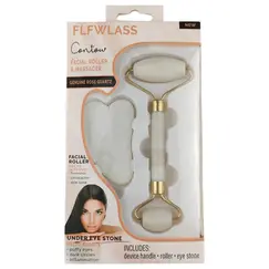 Set masaj facial 2 în 1 din piatră naturală albă cu roller și Gua Sha