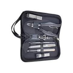 Trusă pedichiură profesională 9 piese din inox în etui negru cu fermoar și mâner