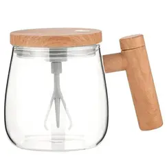Cană electrică cu amestecare automată 400 ml din sticlă cu capac din lemn și încărcare USB