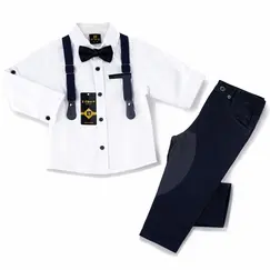 Compleu elegant pentru băieți cu cămașă albă, pantaloni negri, bretele și papion