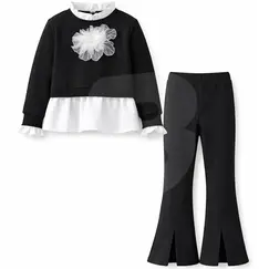 Compleu fete elegant negru cu bluză și pantaloni evazați, set en-gros 6 bucăți, mărimi 4–14 ani