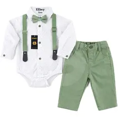 Costum bebeluși băiat verde 3 piese pantaloni body și bretele