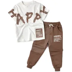 Set 6 Compleuri Subțiri pentru Băieți, 2 Piese, Tricou + Pantaloni, Culoare Maro, 5–14 ani