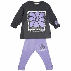 Compleu fete subțire 2 piese cu bluză gri antracit și pantaloni lila, set 6 bucăți, 3–10 ani