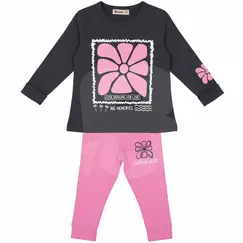 Compleu fete subțire 2 piese gri antracit cu roz, bluză cu mânecă lungă și pantaloni, set 6 bucăți, 3–10 ani