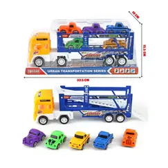 Set Transportor „Multi-Car Hauler” – Tir cu Platformă și 5 Mașinuțe Incluse, Rampă de Acces și Design Detaliat