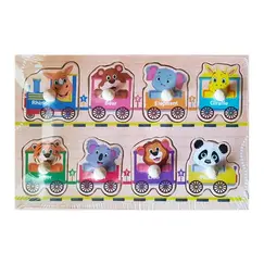 Puzzle din Lemn Încastru cu Pioneze, Model Trenulețul cu Animale și Vagoane Colorate, Joc Educativ pentru Copii