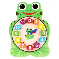 Ceas tip Puzzle din Lemn cu Forme Geometrice, Model Broscuță Veselă, Joc Educativ Montessori