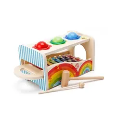 Jucărie Educativă din Lemn 2 în 1, Banc de Percuție cu Bile și Xilofon Muzical Integrat