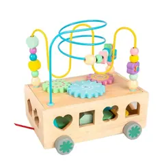 Jucărie din Lemn pentru Copii tip Montessori cu Roți și Ață de Tras, Sortator de Forme Geometrice, Vehicul Educativ și Interactiv pentru Bebeluși