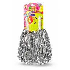 Pompone Majorete „Cheering Squad”, Set de 2 Bucăți, Accesorii Petrecere, Argintiu Metalizat