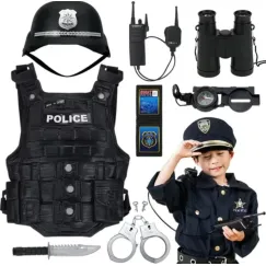 Set Diverse Accesorii de Poliție pentru Copii, Trusă Tactică de Jucărie cu Vestă Neagră, Cască, Cătușe și Binoclu